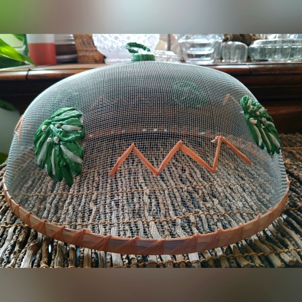 Food Cover Picnic Dome Mesh Screen Cook Out Metal Rafia NOS
